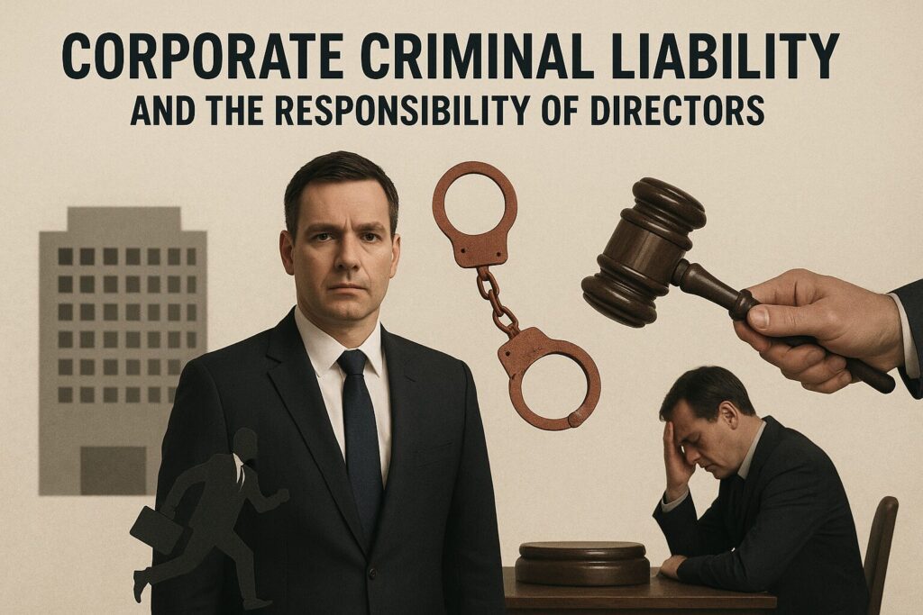 Illustration showing corporate criminal liability, directors’ responsibility, law enforcement symbols, gavel, and stressed business executive.
