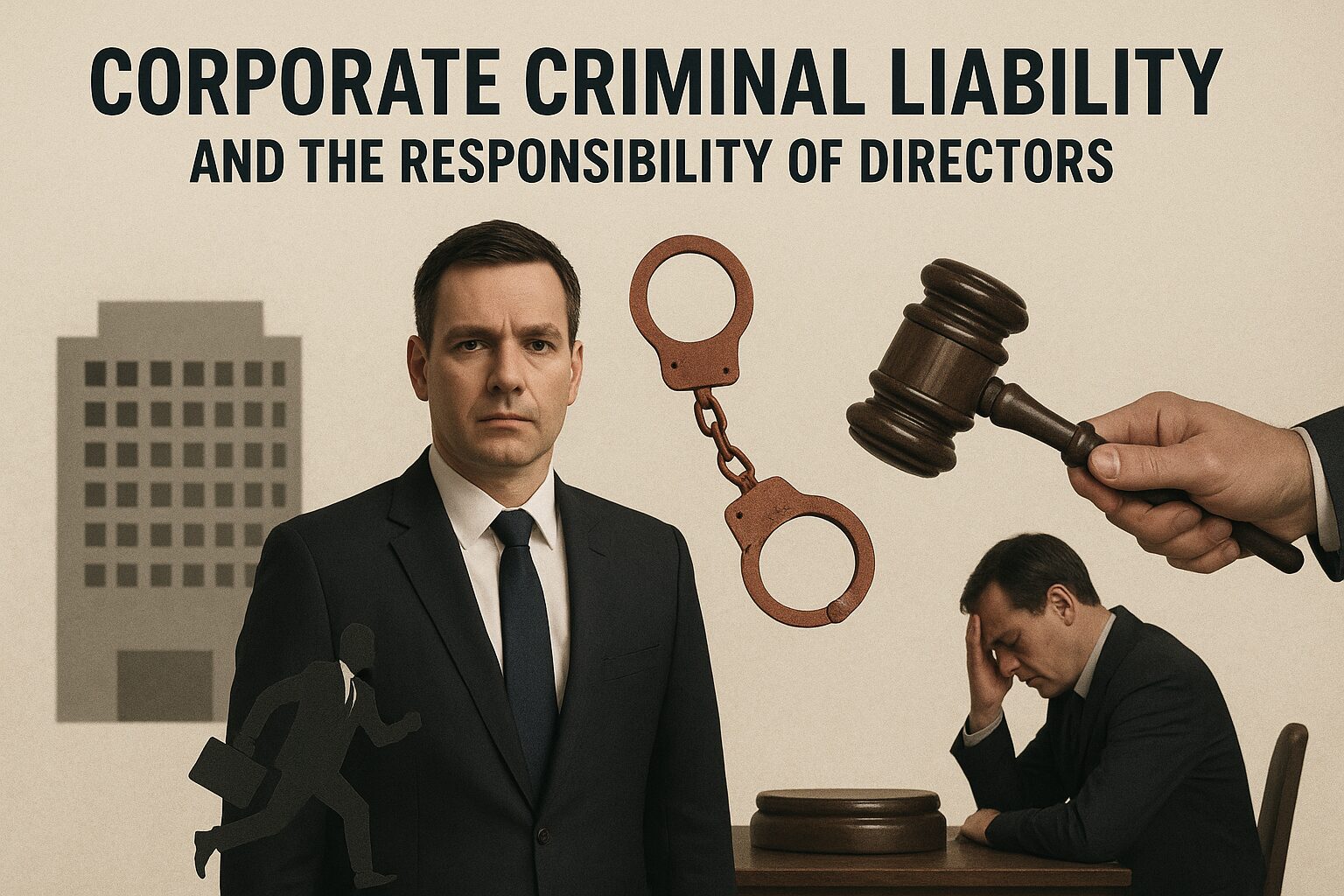 Illustration showing corporate criminal liability, directors’ responsibility, law enforcement symbols, gavel, and stressed business executive.